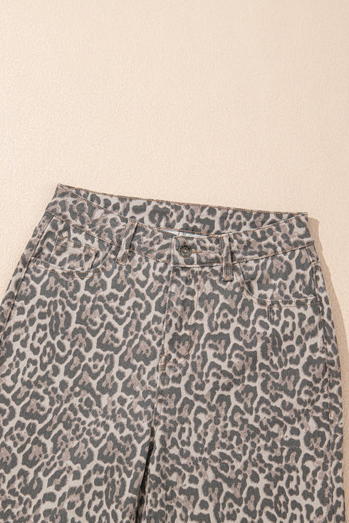Western Flair Leopard Print High Waist Frayed Hem Wide Leg Jeans